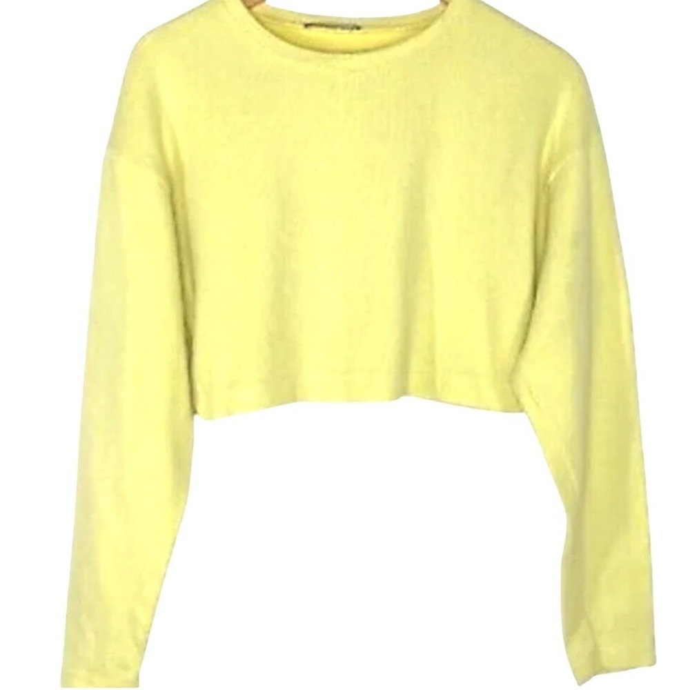 ZARA Yellow Textured Crew Neck Long Sleeve Cropped Sweater Size‎ L micro ribbed